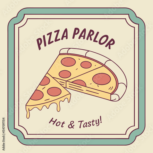 Retro Style Pizza Parlor Logo Illustration Featuring Two Slices of Pizza with Melted Cheese and Red Pepperoni