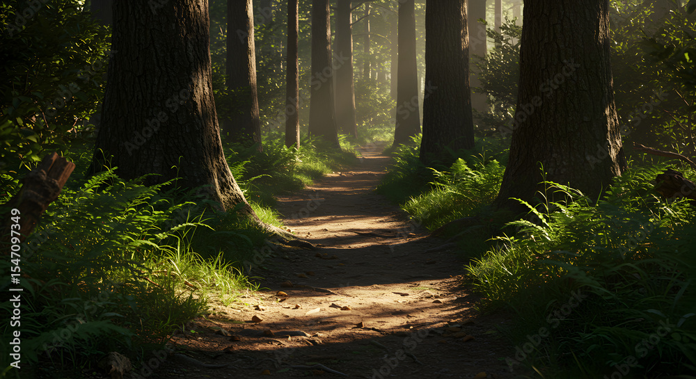 Fototapeta premium Sunlit Forest Path: A Serene Morning Walk