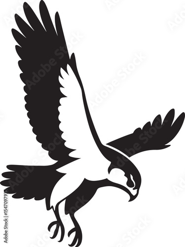 Falcon silhouette in flight bold black design, Predatory bird vector illustration