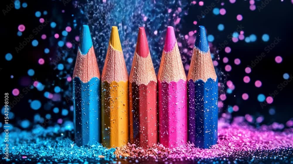 Colorful pencils with vibrant dust