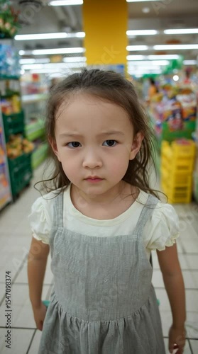 Angry and stubborn little asian girl with arms crossed having a tantrum in a supermarket aisle
