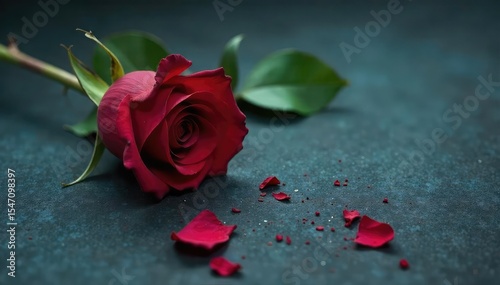 A single red rose lies wilted and broken on a dark, textured surface, symbolic of heartbreak and rage , contrast, dramatic