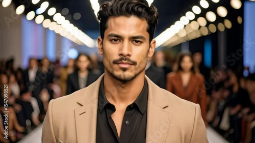 Male Model Walking Fashion Runway in Tan Suit and Black Shirt Among Blurred Audience and Spotlights