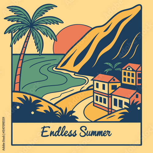 Stylized Coastal Town Sunset Scene Palm Trees Houses Beach Ocean Yellow Orange Teal Green Blue Retro Vintage Illustration