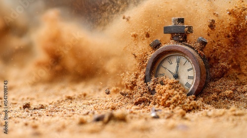 Justice Dance Courage Design. A stopwatch partially buried in sand with particles flying around.