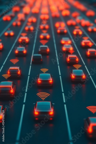 Traffic jam scene with illuminated cars and wireless signals, illustrating modern congestion and smart vehicle technology.