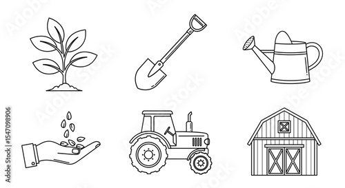 Vector collection of farm related elements including a plant, shovel, watering can, seeds, tractor and barn