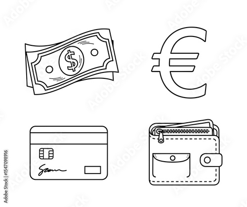 Vector outline drawing of money symbols including dollar bills euro credit card and wallet with cash inside