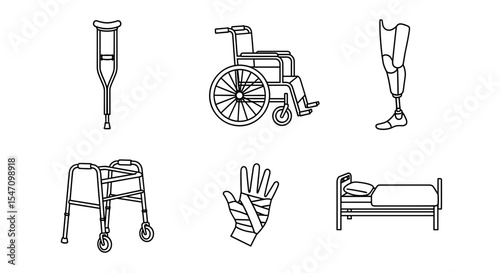 Vector line drawing featuring medical aids such as a crutch, wheelchair, prosthetic leg, and hospital bed items
