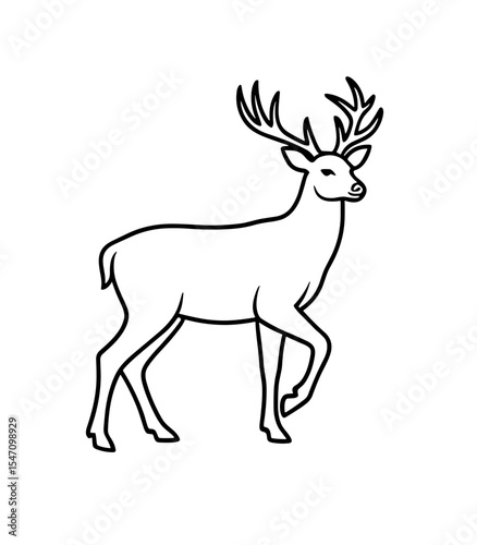 Vector illustration of a deer with antlers walking gracefully in a line drawing style, facing to the right side