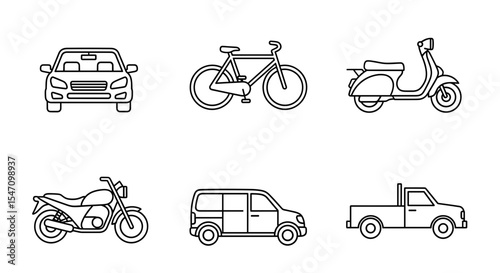 Vector collection of outline illustrations featuring various modes of transportation vehicles design element exactly
