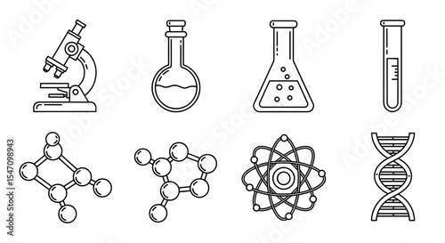 Vector collection of line art science icons featuring microscope flask molecule atom and dna structures neatly arranged