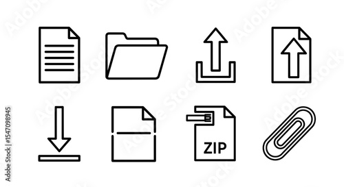 Vector outline icons depicting file management actions such as upload download and archiving functions shown here