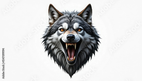 Aggressive Wolf Head Illustration with Intense Expression and Detailed Fur Texture for Wildlife Art Projects