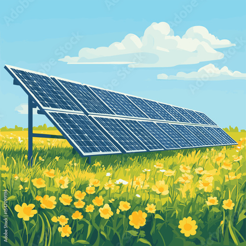 Renewable energy sources with solar panels installed in the field. The concept of alternative clean energy. Vector flat illustration