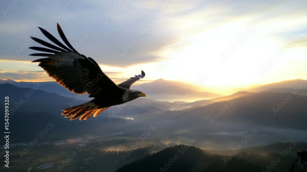 Fototapeta premium Eagle spreading its wings and flying freely, corporate spirit, annual meeting background