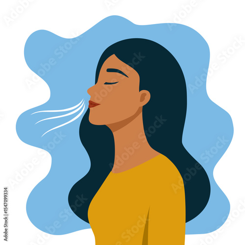 Young black woman with long hair breathing fresh air.