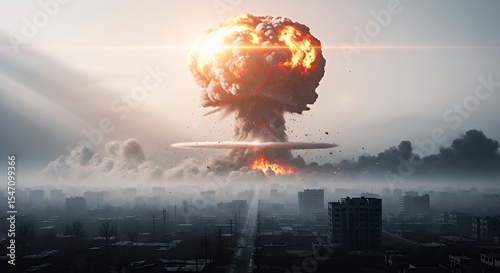Explosion Over Cityscape with Dramatic Clouds and Smoke