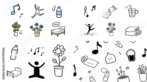 Doodle-style illustrations of wellness elements like music, plants, hydration, rest, and yoga. Perfect for self-care, lifestyle, and mental health creative projects.
