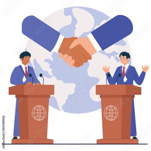 Diplomacy Illustation. Vector illustration of Two politicians debate at podiums in front of a globe with a handshake symbolizing diplomacy and agreement. Isolated on background