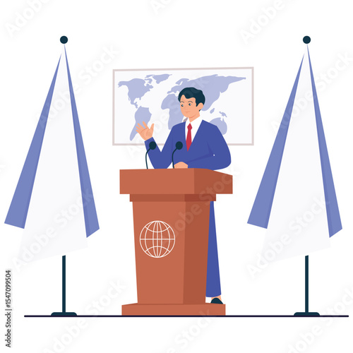 Diplomacy Illustation. Vector illustration of A diplomat or leader standing at a podium delivering a speech in front of international flags and a world map. Isolated on background