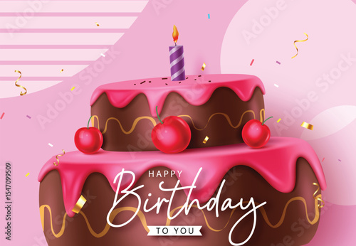 Colorful birthday clipart featuring a two-tier chocolate cake with pink frosting, cherries, and a lit candle. Surrounded by confetti, it's perfect for greeting cards, invites, and festive designs.
