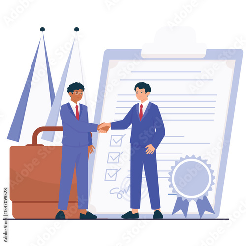 Diplomacy Illustation. Vector illustration of Two men in suits shaking hands in front of a legal document symbolizing a successful agreement. Isolated on background