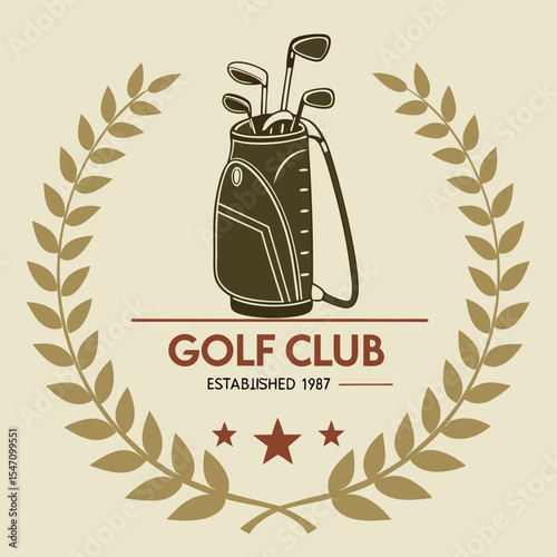 Vintage Style Golf Club Logo Design Olive Green Golf Bag Brown Clubs Beige Background Gold Laurel Wreath Red Stars