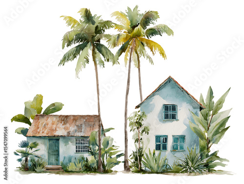 Watercolor Tropical Houses Amid Lush Palm Trees, PNG