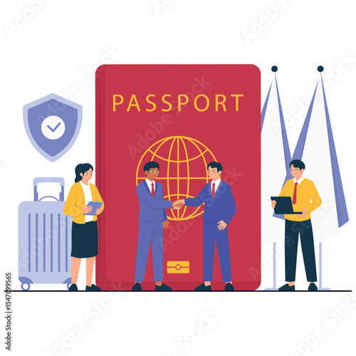Diplomacy Illustation. Vector illustration of Two diplomats shake hands in front of a large passport, symbolizing international agreement and global cooperation. Isolated on background