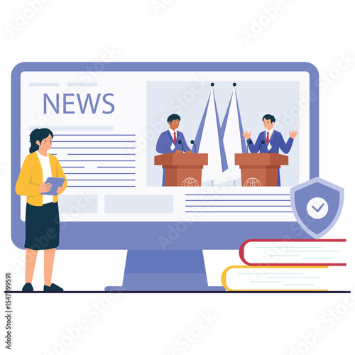 Diplomacy Illustation. Vector illustration of A political debate is broadcast on the news, with two diplomats presenting views at podiums, observed by a journalist. Isolated on background