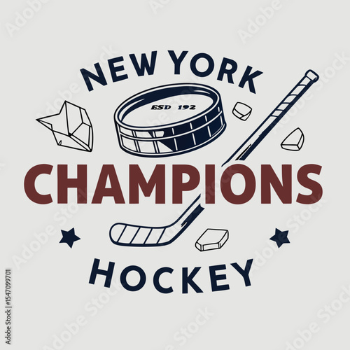 Vintage Style New York Hockey Emblem Dark Blue and Maroon Text Hockey Stick Puck and Ice Cubes