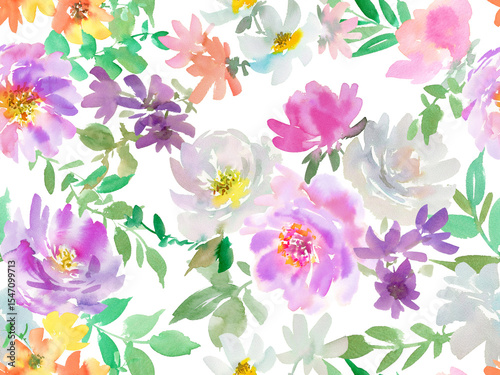 PNG seamless pattern of abstract purple peonies and wild flowers painted in watercolor. Hand painted floral textile design with transparent background. Botanical wall paper for wedding invitations.