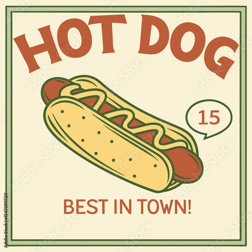 Vintage Style Hot Dog Advertisement Illustration Featuring a Yellow Bun Brown Sausage and Mustard Topping with Price