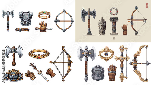Pixel art fantasy weapons and armor collection including axes, swords, bows, gauntlets, rings, and shields. Ideal for RPG games, icons, and medieval game design assets.