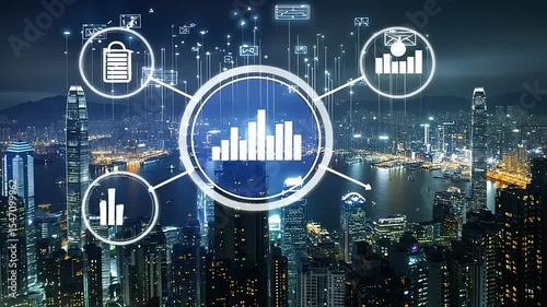 Nighttime cityscape with digital data visualization overlay showcasing urban analytics and connectivity