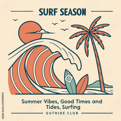 Vintage Style Brown Surfboard Ocean Wave Palm Tree Illustration Good Vibes Born Wild Roam Free Design