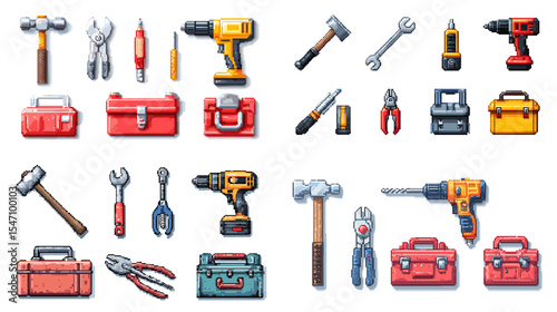 Pixel art illustration of various construction and repair tools including drills, hammers, pliers, and toolboxes. Perfect for DIY, handyman, and mechanic design elements.