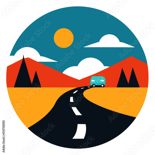 Scenic road trip camper van on winding road through mountains