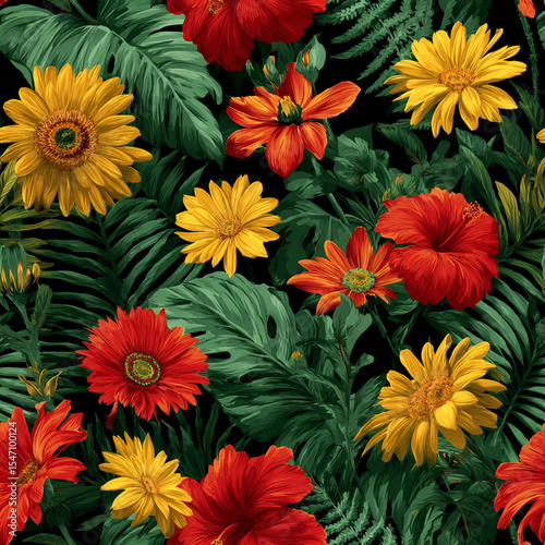 Vibrant Tropical Floral Seamless Pattern Red Yellow Flowers Dark Background