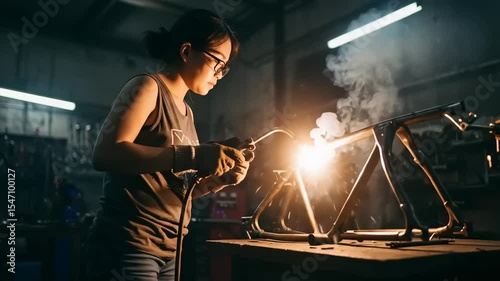 Woman welder working on metal frame in a workshop