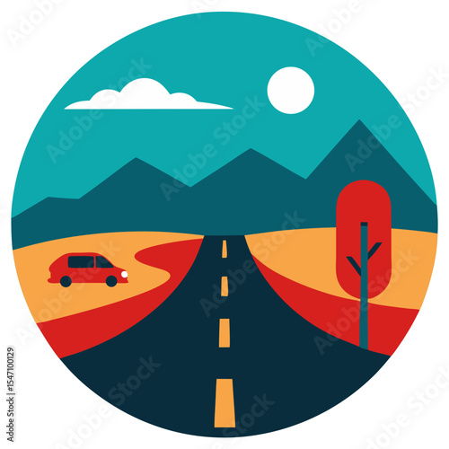 Red car on open road scenic mountain landscape