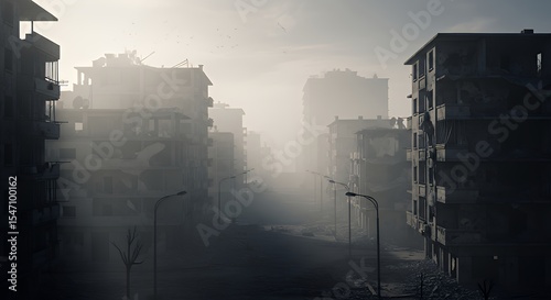 City Ruins and Foggy Street in Post-apocalyptic Landscape