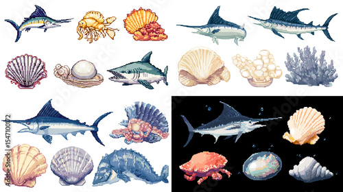 Vector illustration set of marine life including swordfish, coral, seashells, pearls, and crustaceans, designed in detailed hand-drawn watercolor style.