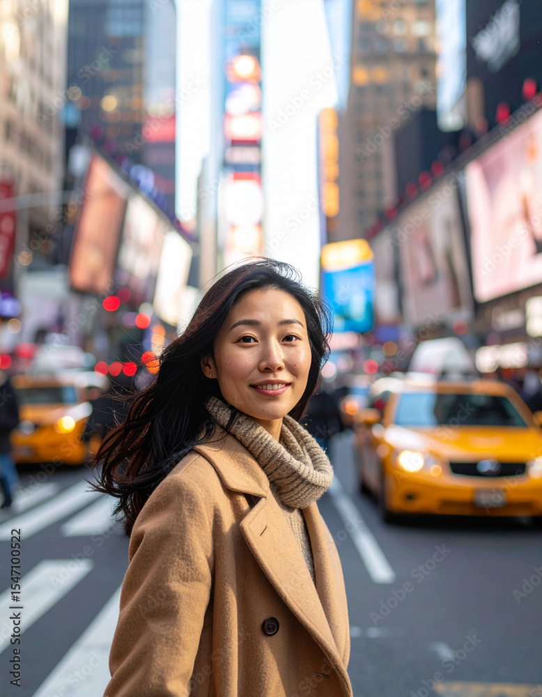 Fototapeta premium Japanese woman in camel coat crossing New York street with taxis in motion
