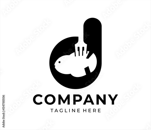 Food logo design that combines the letter d with a fish and fork, using black.