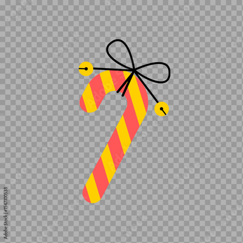 Striped Christmas Candy Cane with Bow and Bells – Holiday Vector on Transparent Background

