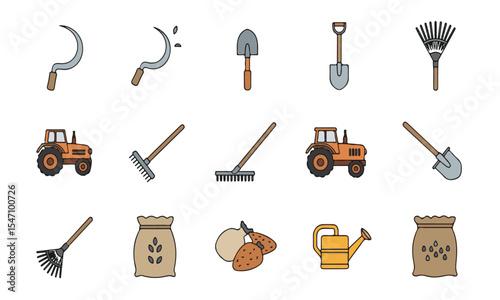 A collection of colorful cartoon icons representing various farming and gardening tools and elements, including shovels, rakes, tractors, watering cans, and seed bags.