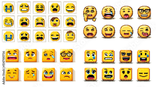 Set of expressive emoji icons in pixel and 3D styles, showcasing various emotions like joy, anger, sadness, and surprise. Perfect for messaging apps, games, and digital design assets.