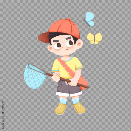 Cartoon Boy Catching Butterflies – Summer Adventure Illustration with Transparent Background


